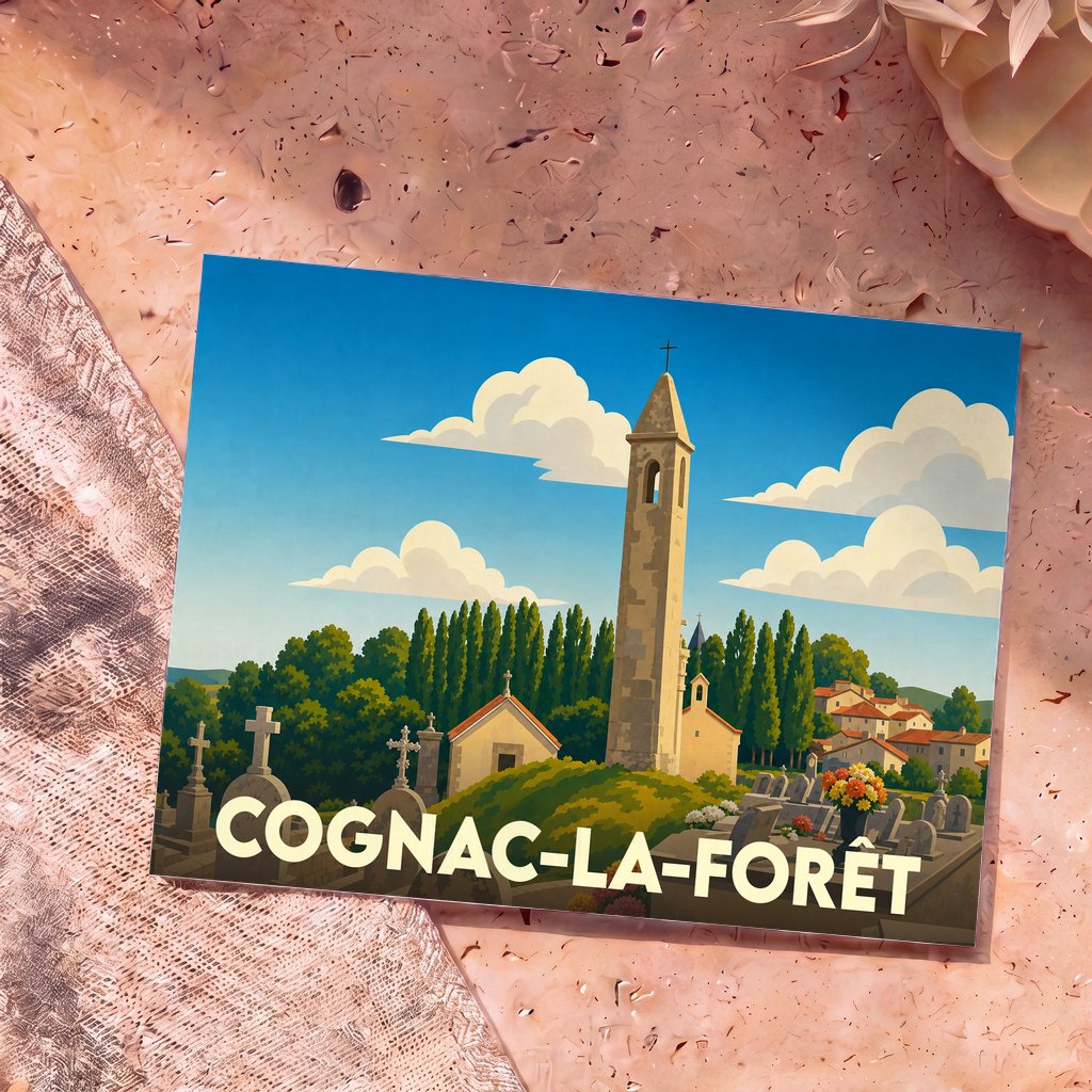 Carte postale souvenir de Cognac-la-Forêt illustrant son cimetière et sa lanterne des morts dans un style rétro.