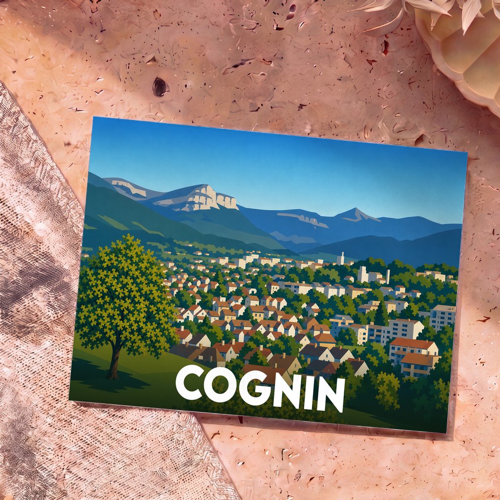 Carte postale souvenir de la ville de Cognin avec une illustration stylisée de la commune face aux montagnes.