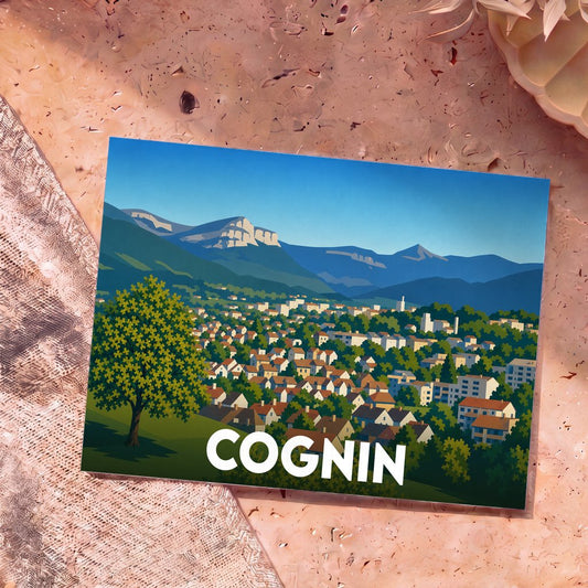 Carte postale souvenir de la ville de Cognin avec une illustration stylisée de la commune face aux montagnes.