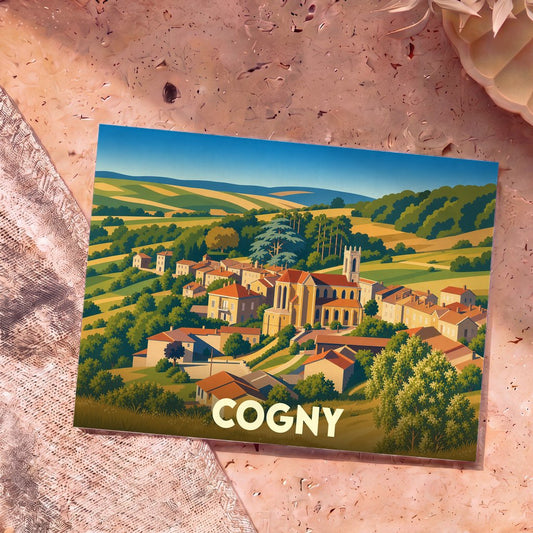 Carte postale souvenir de la ville de Cogny avec une illustration stylisée et colorée.