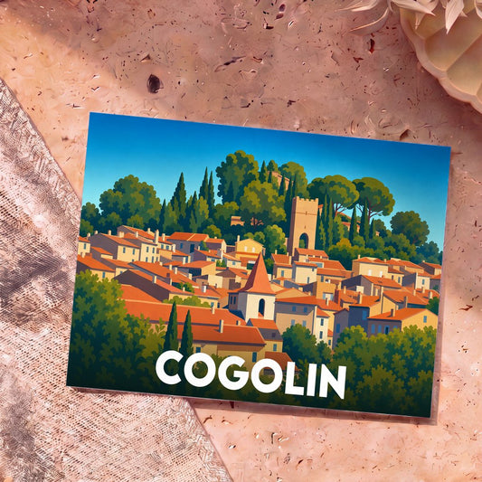 Carte postale souvenir de la ville de Cogolin illustrant ses toits provençaux et son clocher dans un style graphique coloré.
