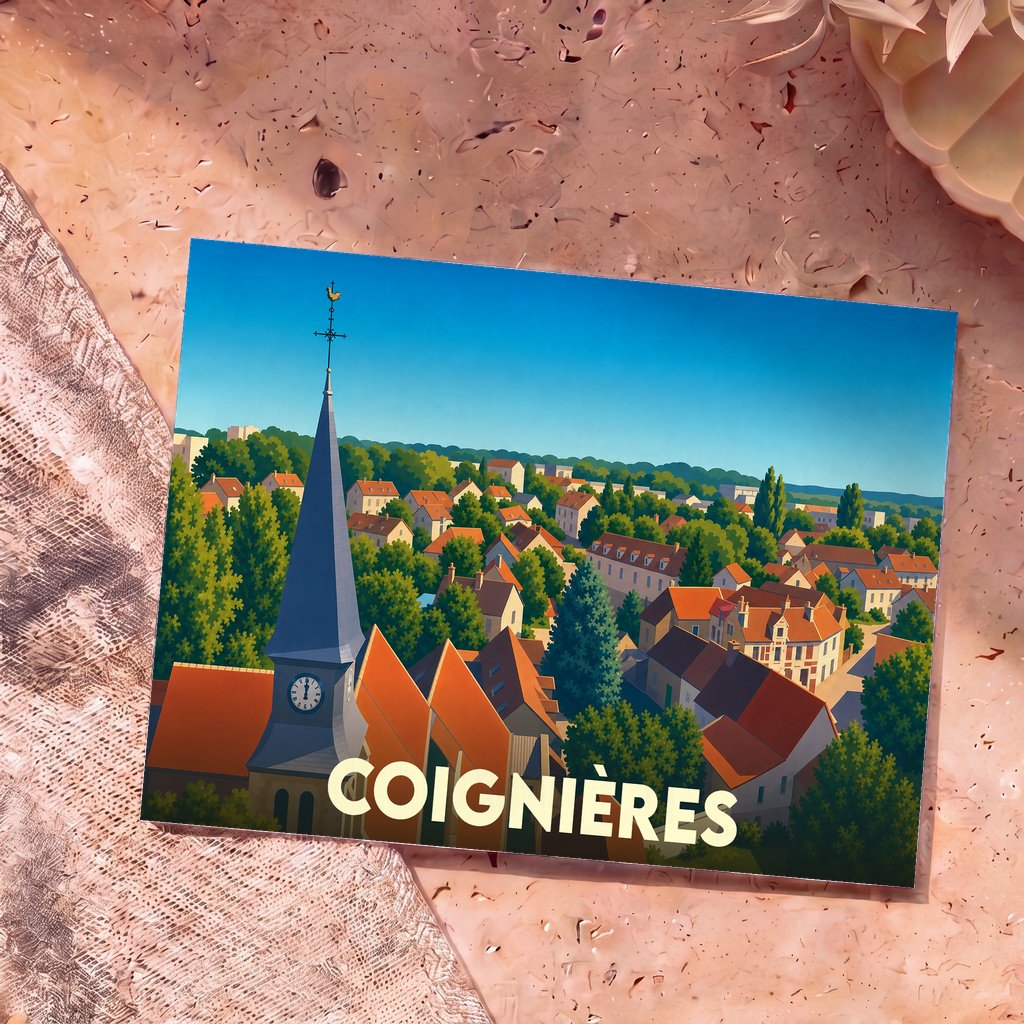 Carte postale souvenir de la ville de Coignières avec une illustration stylisée d'un clocher surplombant les toits.