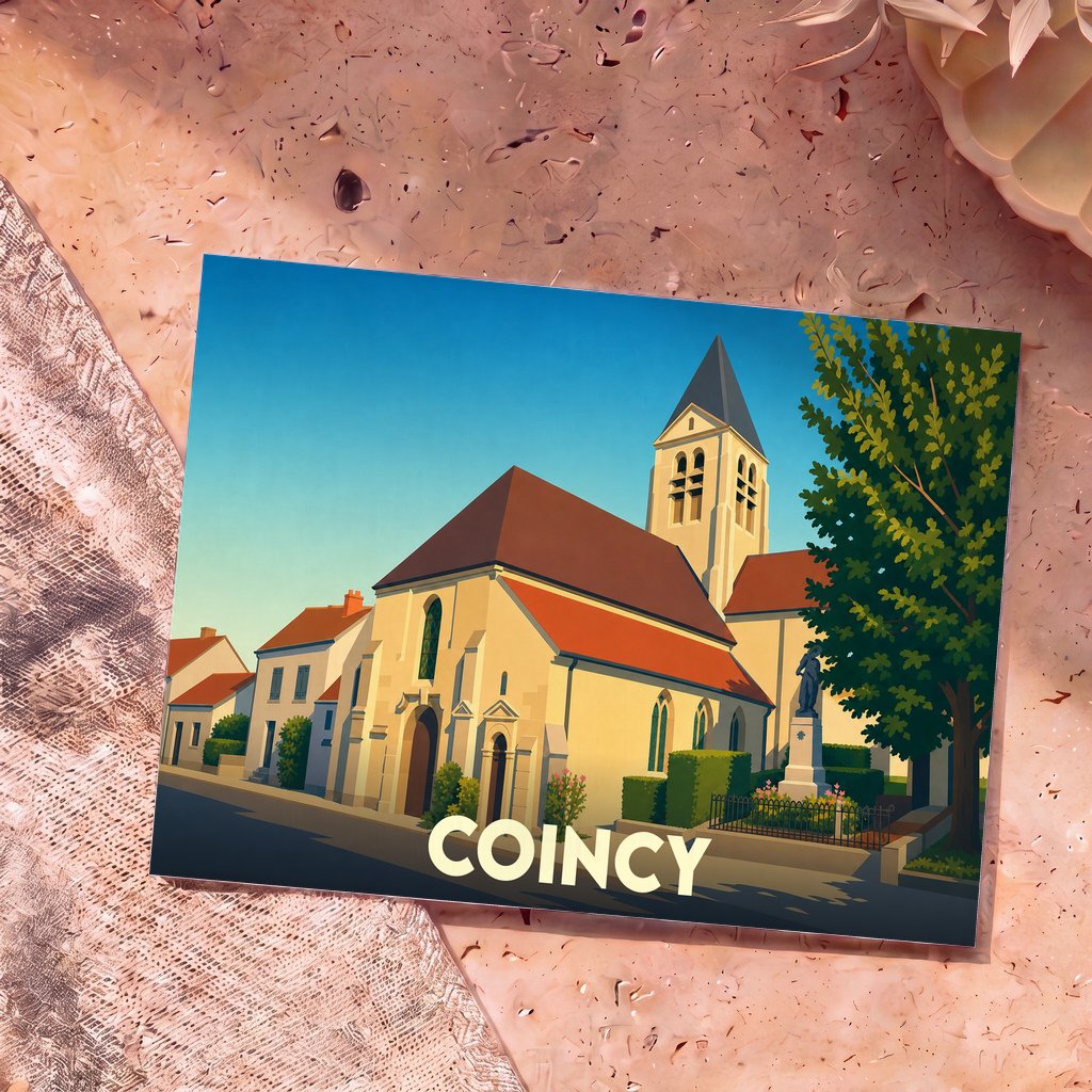 Carte postale souvenir de la ville de Coincy illustrant son église dans un style graphique épuré.