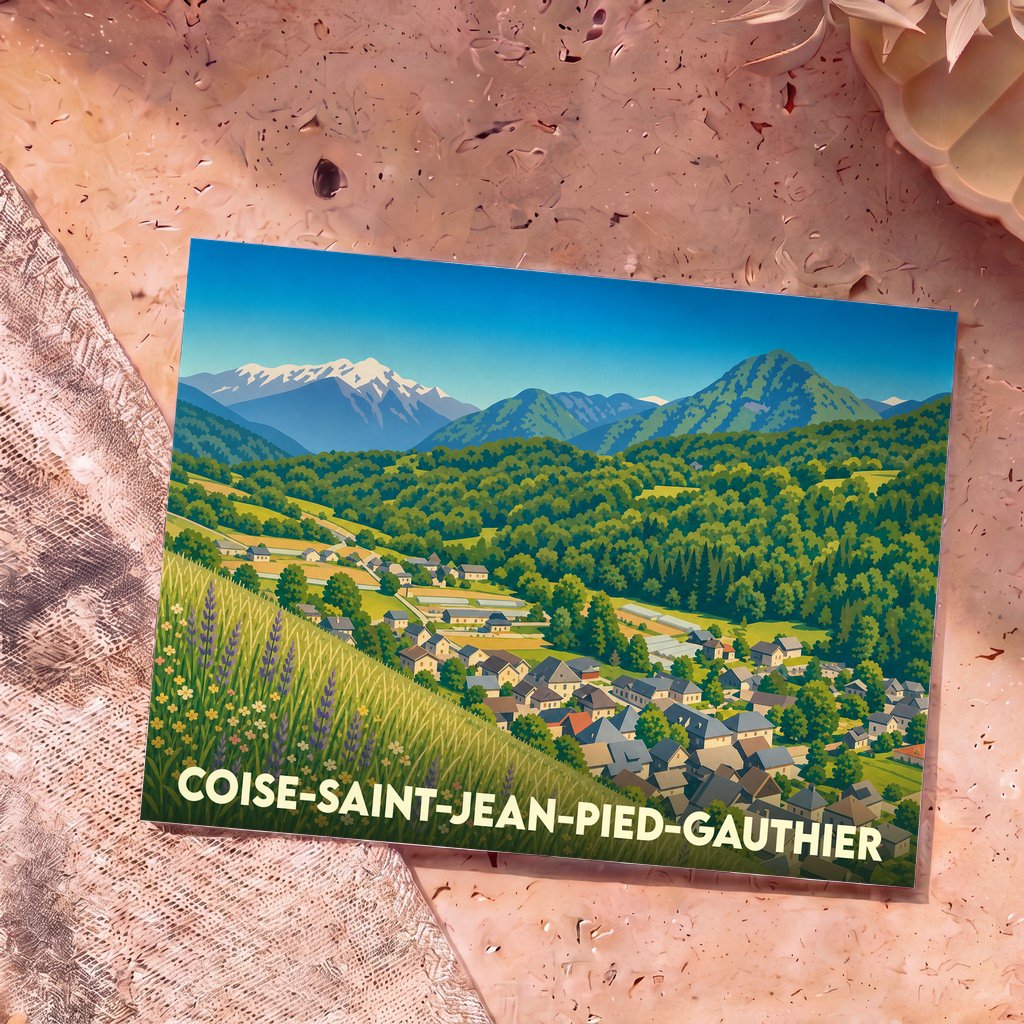 Carte postale souvenir de Coise-Saint-Jean-Pied-Gauthier avec une illustration stylisée de la commune face aux montagnes.