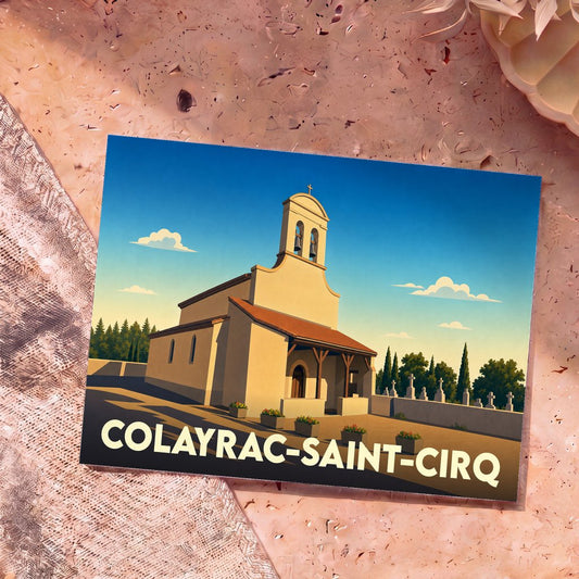 Carte postale souvenir de Colayrac-Saint-Cirq illustrant son église et son cimetière dans un style graphique épuré.