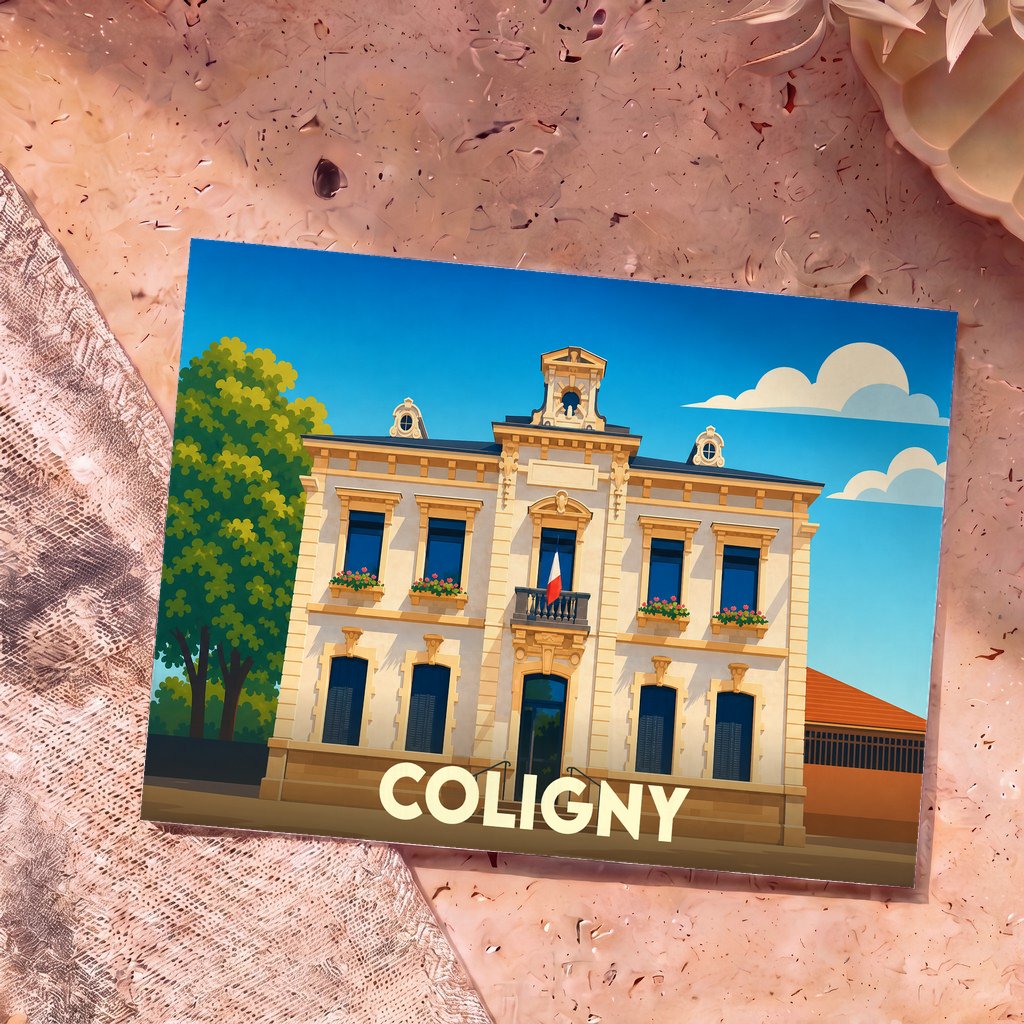 Carte postale souvenir de la ville de Coligny illustrant son hôtel de ville dans un style graphique épuré.