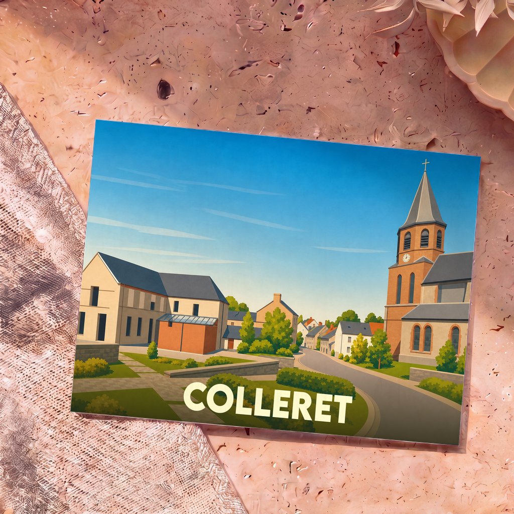 Carte postale souvenir de la ville de Colleret avec une illustration stylisée de son église et de ses rues.