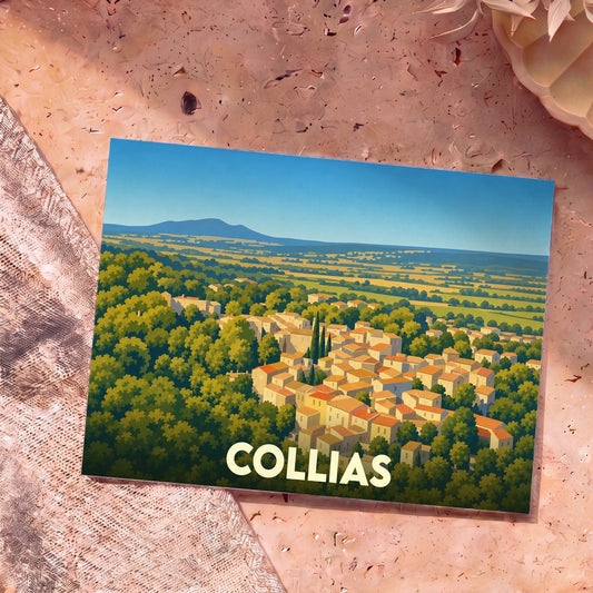 Carte postale souvenir de la ville de Collias avec une illustration stylisée d'un village provençal niché dans la verdure.