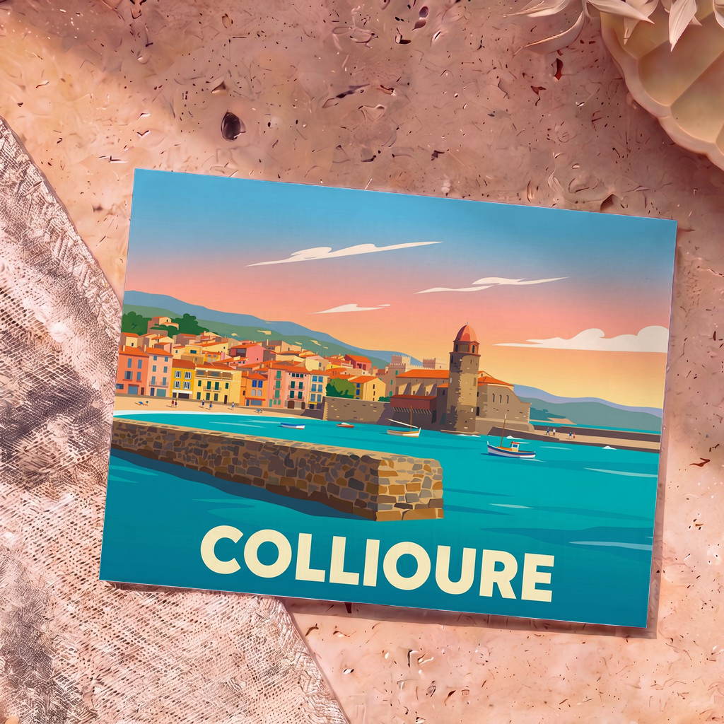 Carte postale souvenir de la ville de Collioure avec une illustration stylisée du port et de son église emblématique.