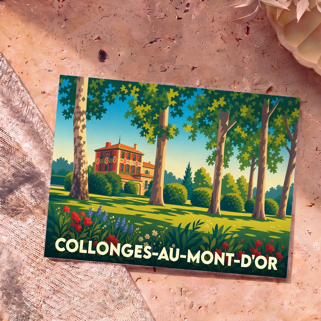 Carte postale souvenir de la ville de Collonges-au-Mont-d'Or avec une illustration stylisée d'un manoir dans un parc arboré.