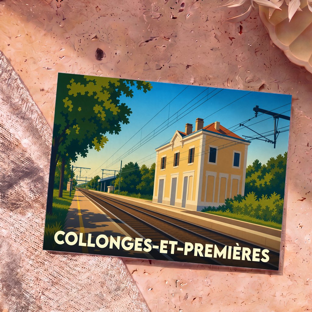 Carte postale souvenir de la ville de Collonges-et-Premières avec une illustration stylisée d'une gare ferroviaire.