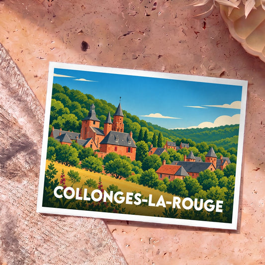 Carte postale souvenir de la ville de Collonges-la-Rouge illustrant ses célèbres bâtiments en grès rouge au milieu d'un paysage verdoyant.