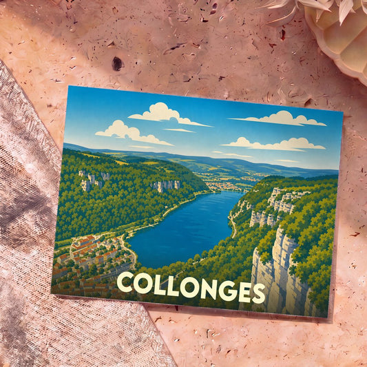 Carte postale souvenir de la ville de Collonges avec une illustration stylisée d'un lac bordé de falaises et de forêts.