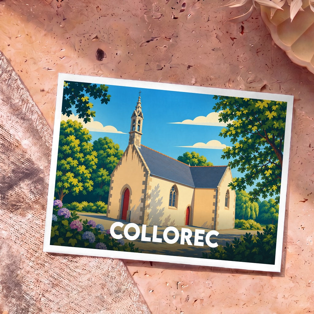 Carte postale souvenir de la ville de Collorec avec une illustration stylisée d'une petite chapelle bretonne entourée de verdure.