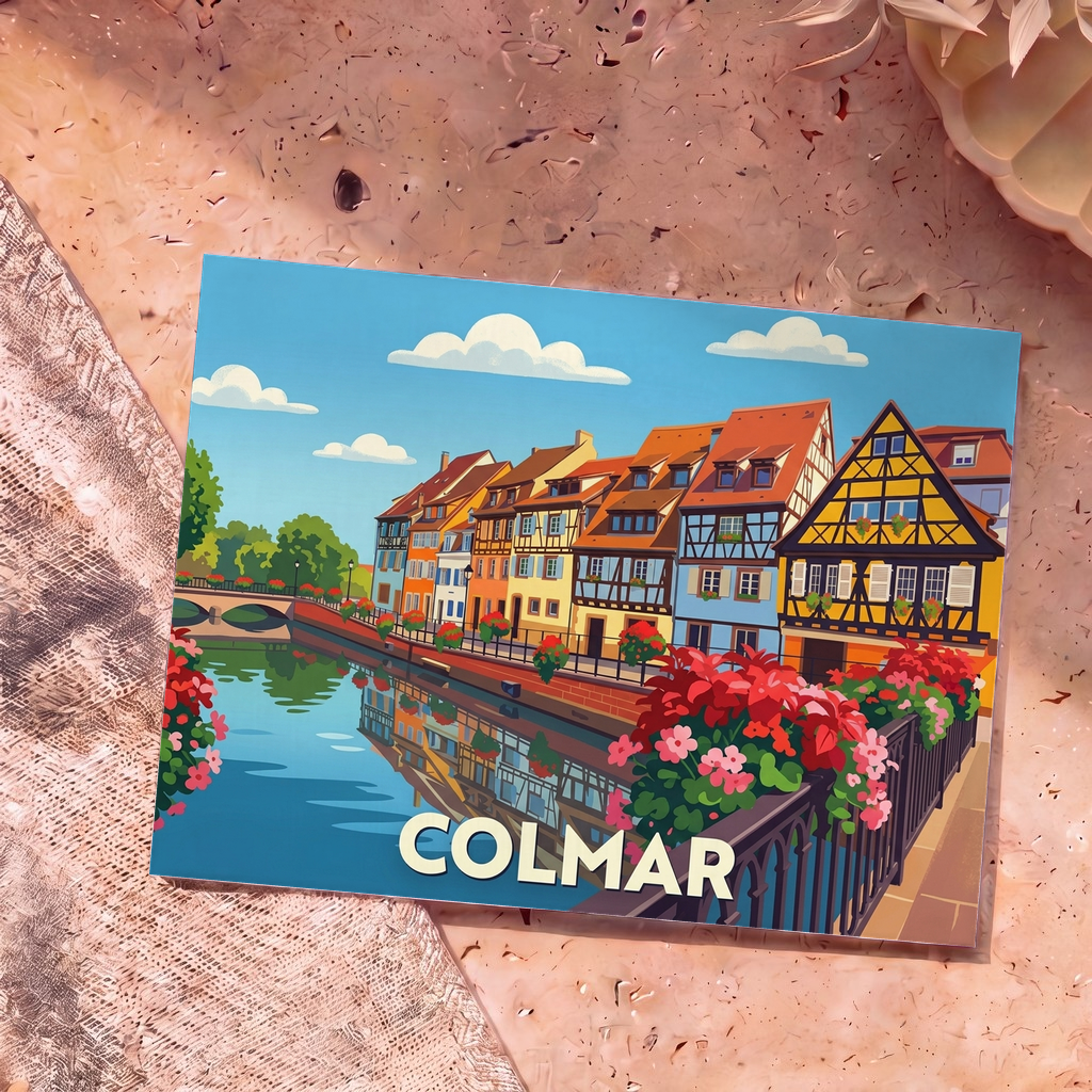 Carte postale souvenir de la ville de Colmar ornée d'une illustration colorée de ses maisons à colombages au bord de l'eau.