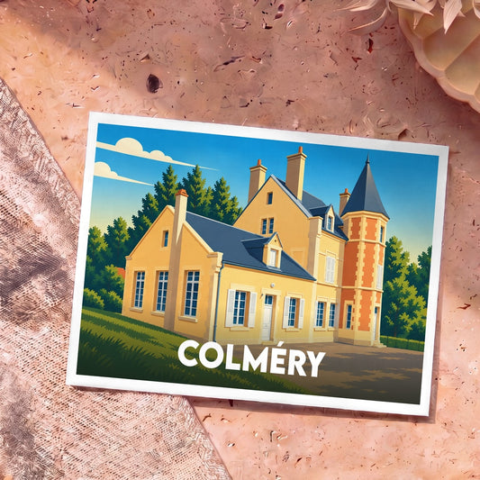 Carte postale souvenir de la ville de Colméry avec une illustration stylisée d'un manoir.
