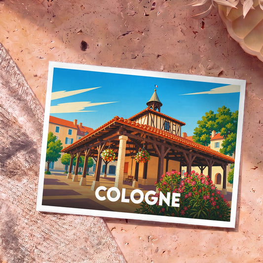 Carte postale souvenir de la ville de Cologne avec une illustration stylisée de sa halle médiévale.