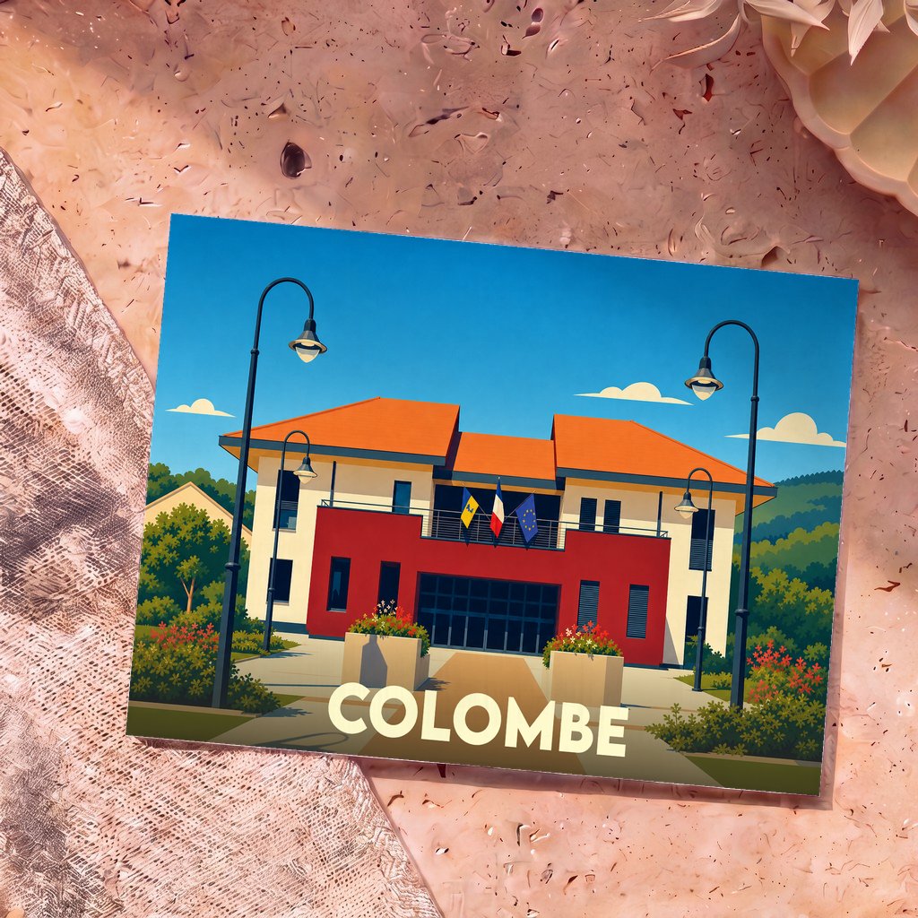 Carte postale souvenir de la ville de Colombe avec une illustration stylisée de sa mairie.