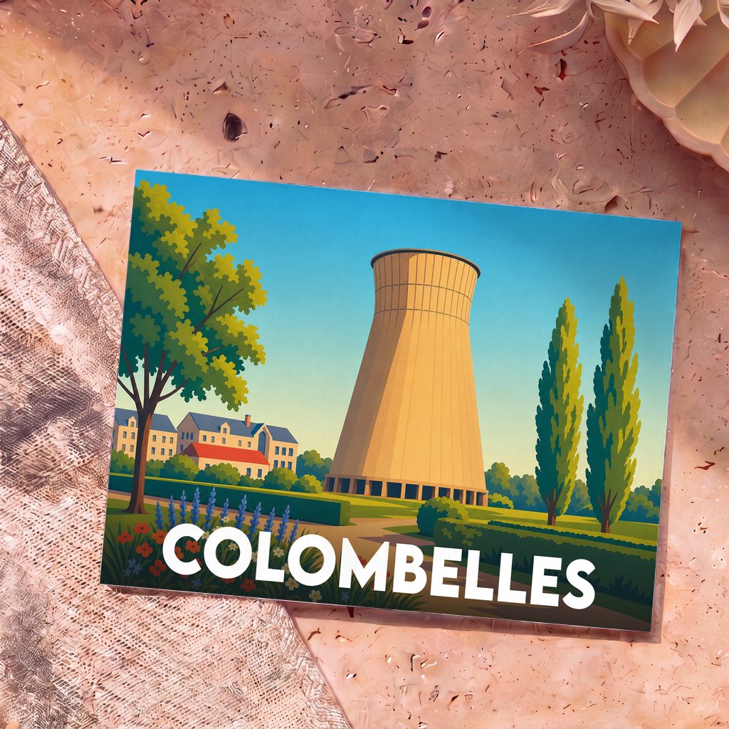 Carte postale souvenir de la ville de Colombelles avec une illustration stylisée de sa tour de refroidissement.