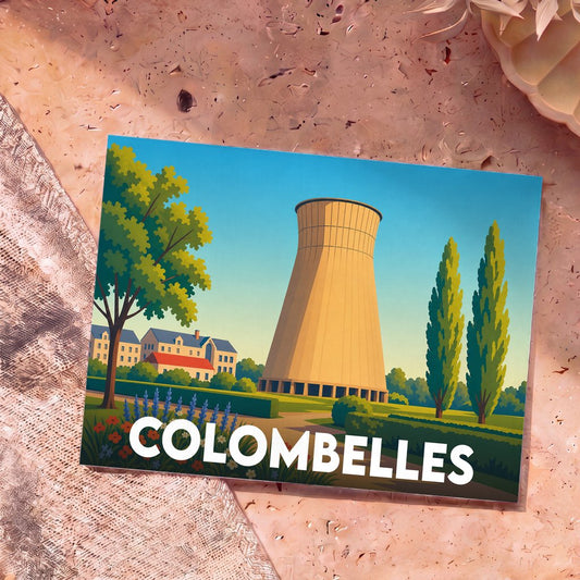 Carte postale souvenir de la ville de Colombelles avec une illustration stylisée de sa tour de refroidissement.