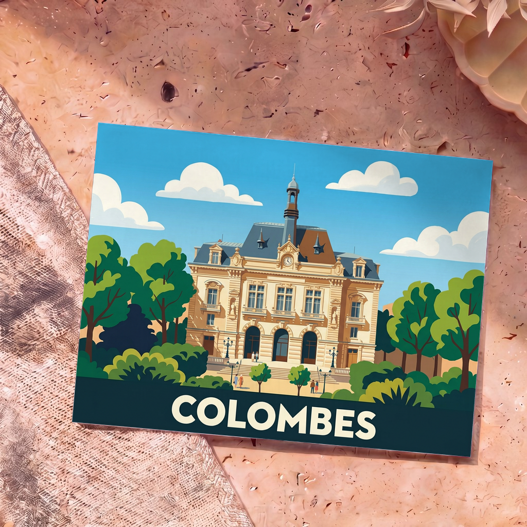 Carte postale souvenir de la ville de Colombes présentant une illustration stylisée de son hôtel de ville entouré de verdure.