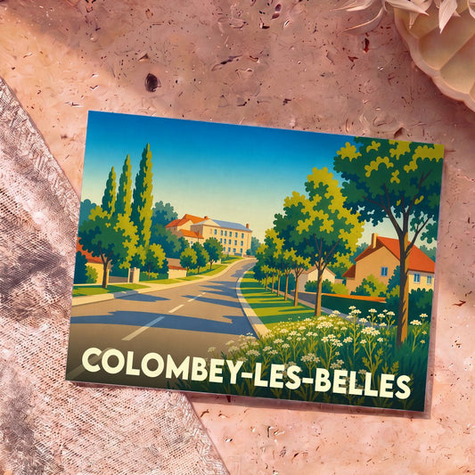 Carte postale souvenir de la ville de Colombey-les-Belles avec une illustration stylisée et colorée.