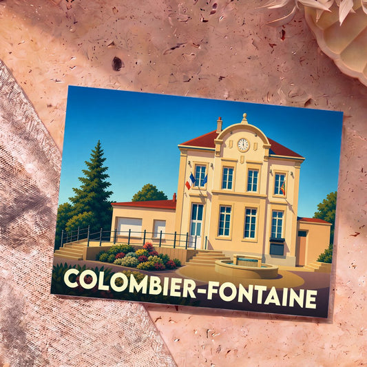 Carte postale souvenir de la ville de Colombier-Fontaine représentant son hôtel de ville avec une illustration stylisée.