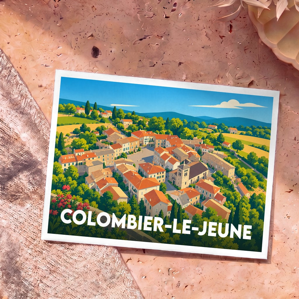Carte postale souvenir de la ville de Colombier-le-Jeune avec une illustration stylisée.