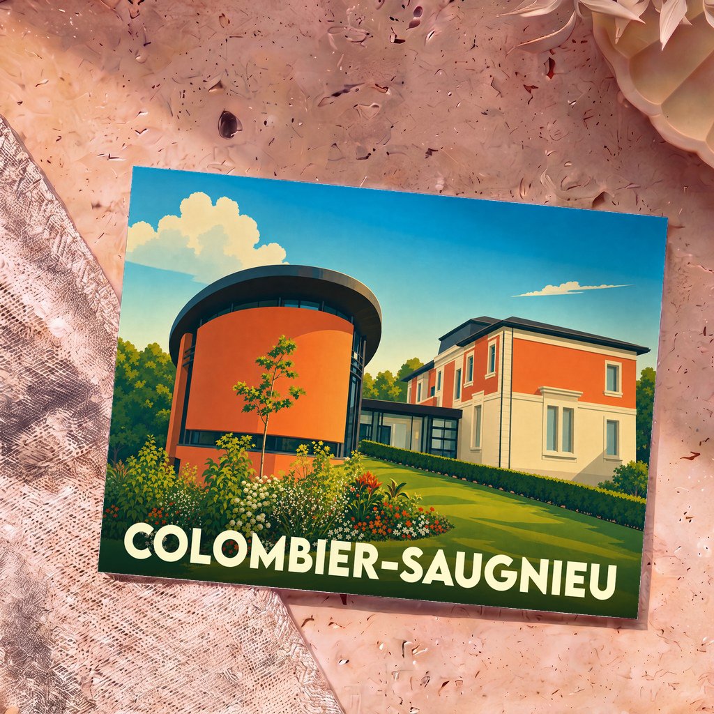 Carte postale souvenir de la ville de Colombier-Saugnieu avec une illustration stylisée de son architecture moderne et colorée.