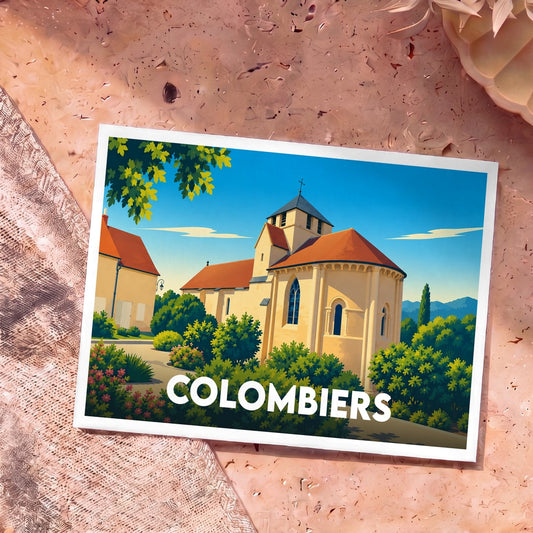 Carte postale souvenir de la ville de Colombiers avec une illustration stylisée de son église romane.
