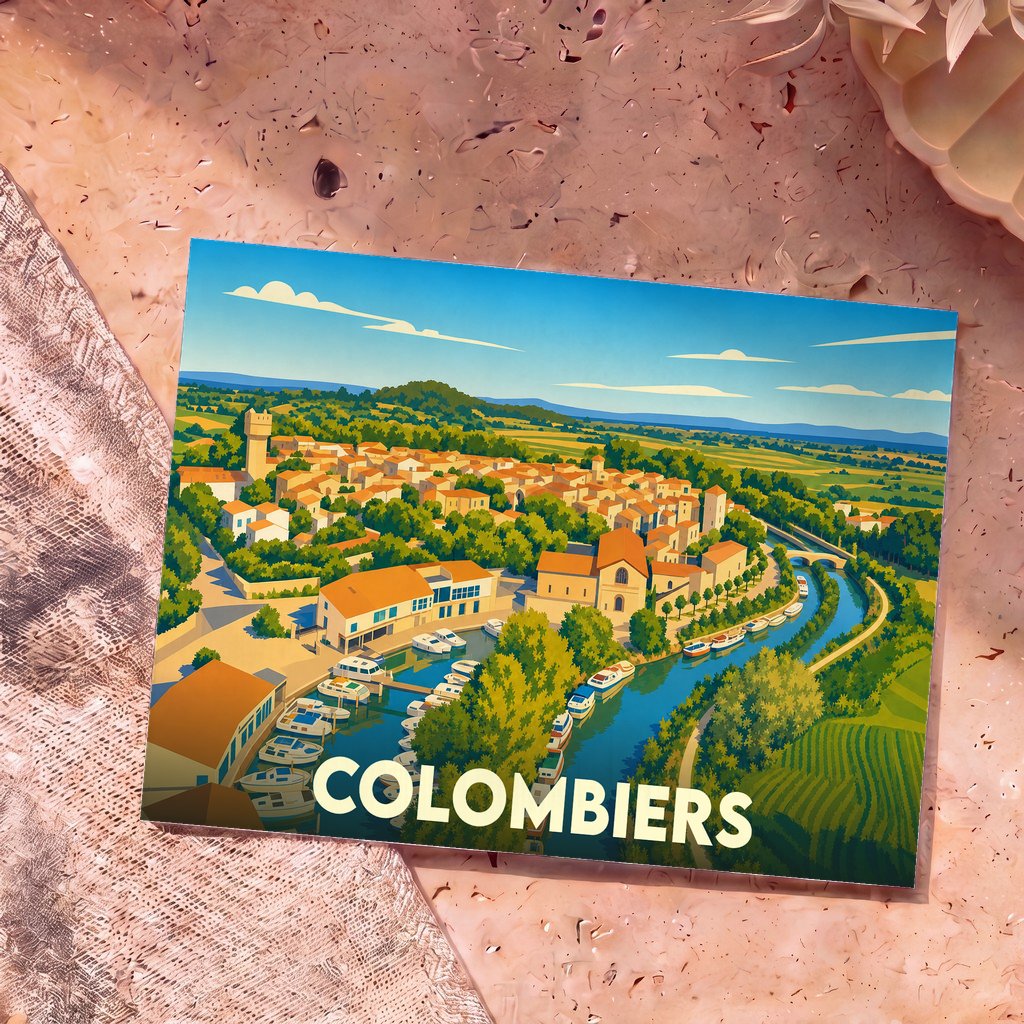 Carte postale souvenir de la ville de Colombiers avec une illustration stylisée.