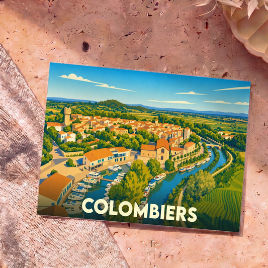 Carte postale souvenir de la ville de Colombiers avec une illustration stylisée.