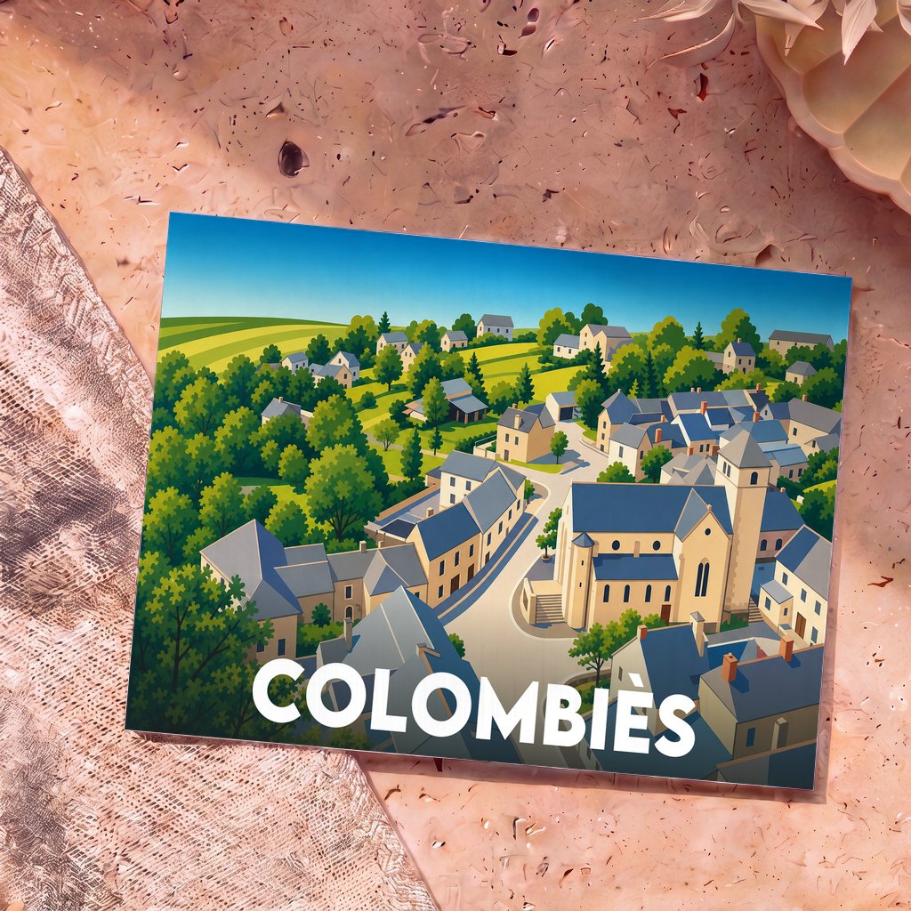 Carte postale souvenir de la ville de Colombiès avec une illustration stylisée et colorée du village.