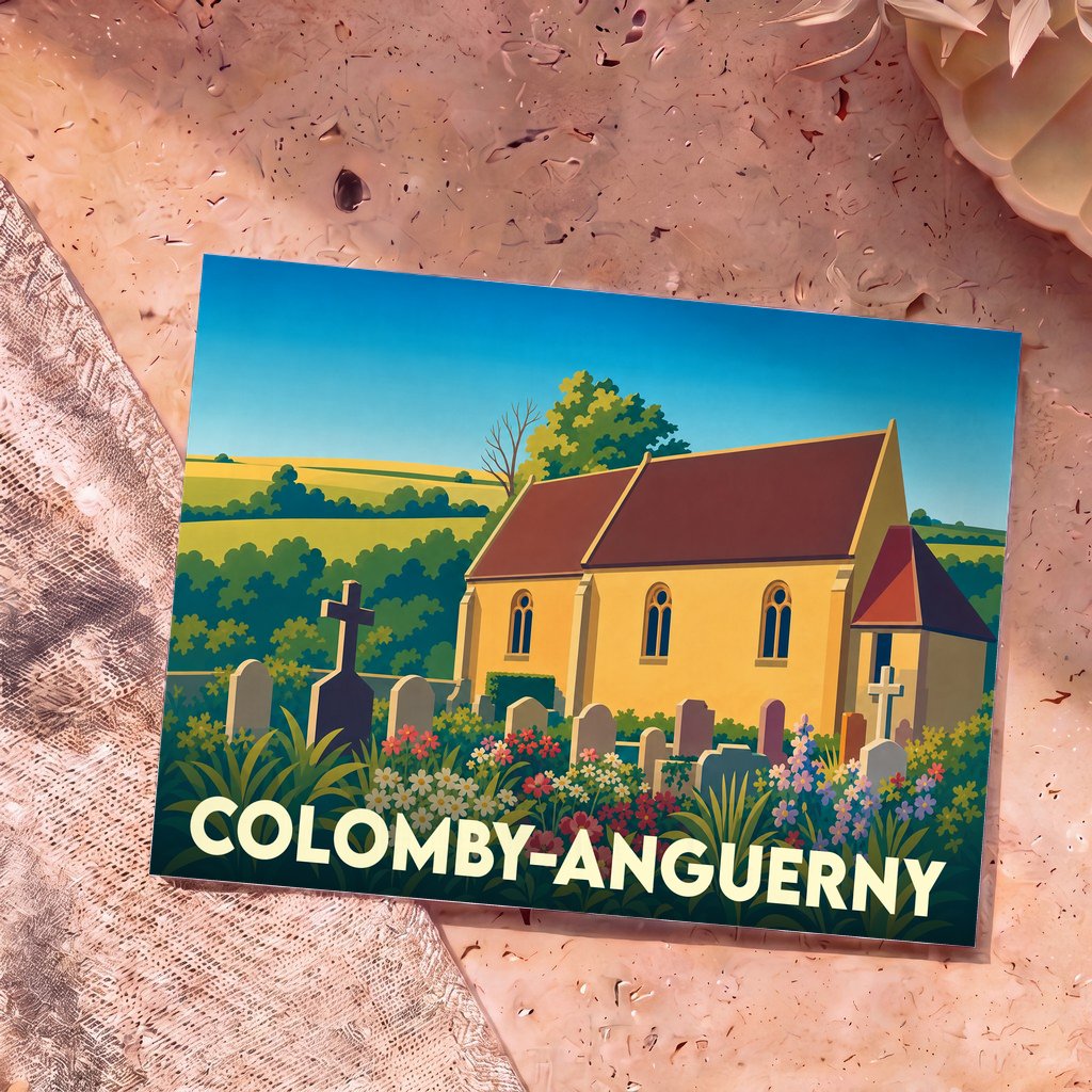 Carte postale souvenir de Colomby-Anguerny illustrant l'église et son cimetière fleuri dans un style graphique épuré.