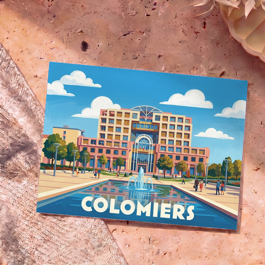 Carte postale souvenir de la ville de Colomiers avec une illustration stylisée de son hôtel de ville et d'une fontaine.