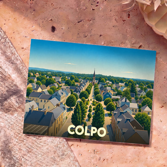 Carte postale souvenir de la ville de Colpo avec une illustration stylisée d'une avenue arborée menant à l'église.