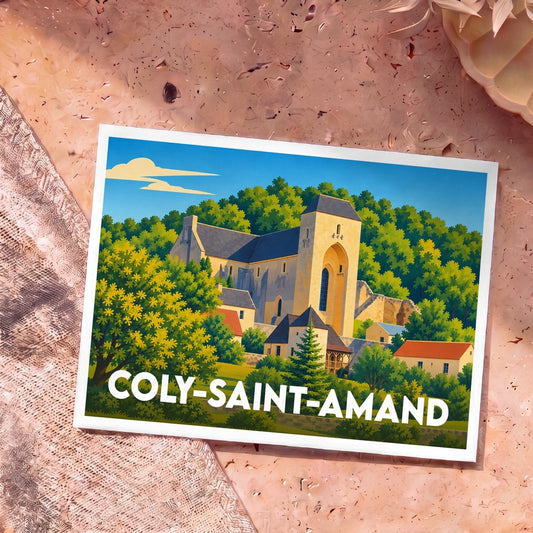 Carte postale souvenir de la ville de Coly-Saint-Amand avec une illustration stylisée de son église abbatiale.