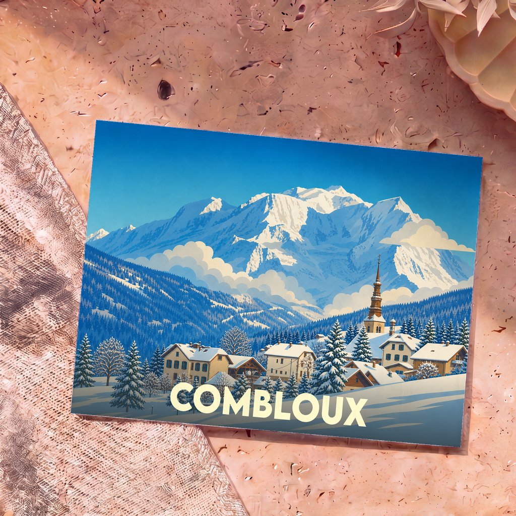 Carte postale souvenir de la ville de Combloux arborant une illustration stylisée d'un village de montagne enneigé.