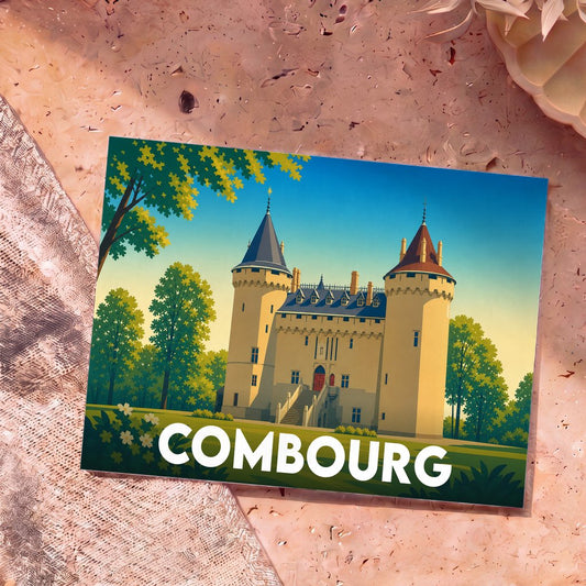 Carte postale souvenir de la ville de Combourg avec une illustration stylisée de son château.