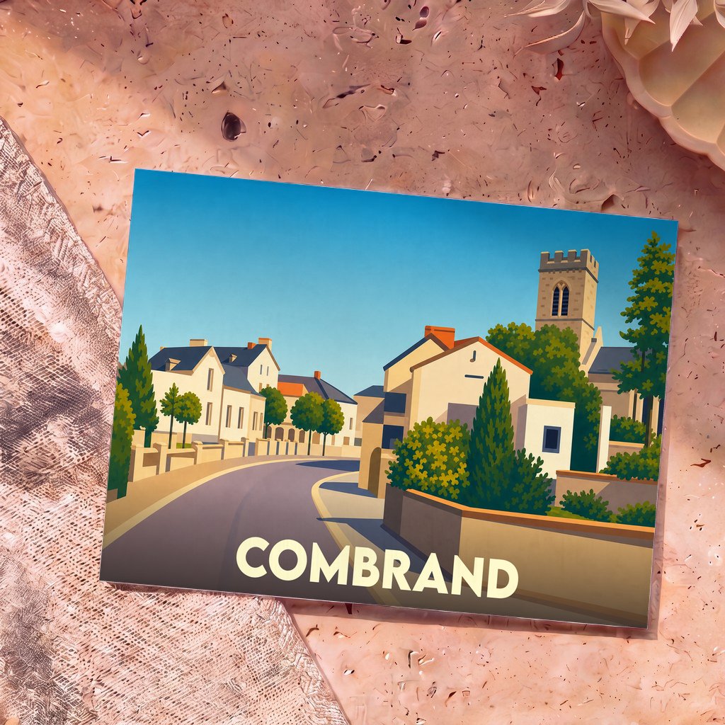 Carte postale souvenir de la ville de Combrand avec une illustration stylisée.