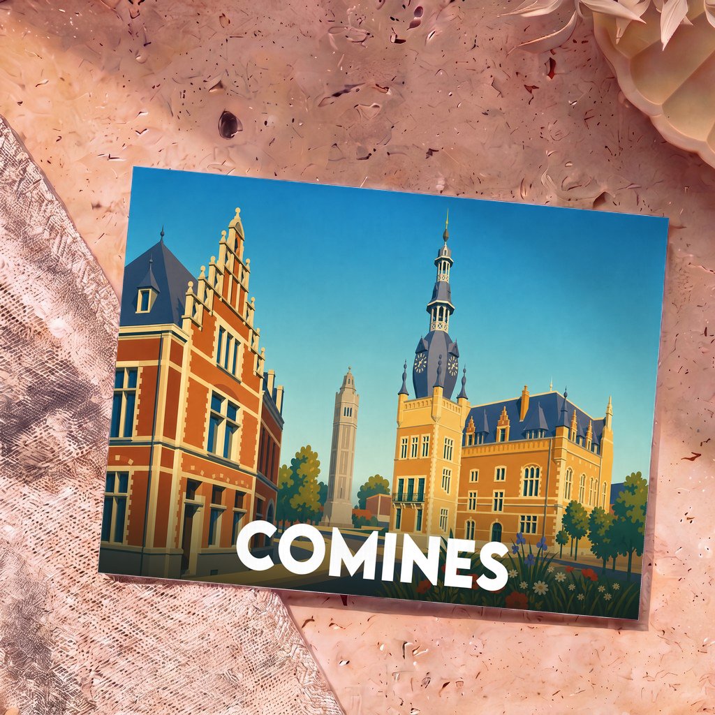 Carte postale souvenir de la ville de Comines avec une illustration stylisée de son architecture historique.