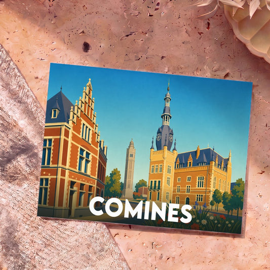 Carte postale souvenir de la ville de Comines avec une illustration stylisée de son architecture historique.