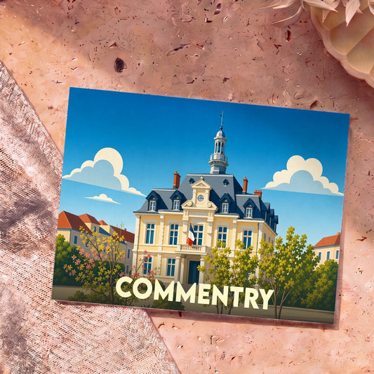 Carte postale souvenir de la ville de Commentry illustrant son hôtel de ville dans un style graphique épuré.