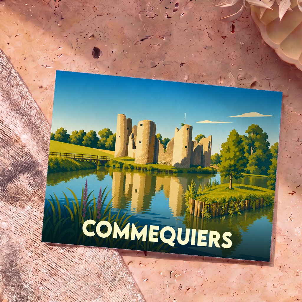 Carte postale souvenir de la ville de Commequiers avec une illustration stylisée de son château médiéval bordé par l'eau.