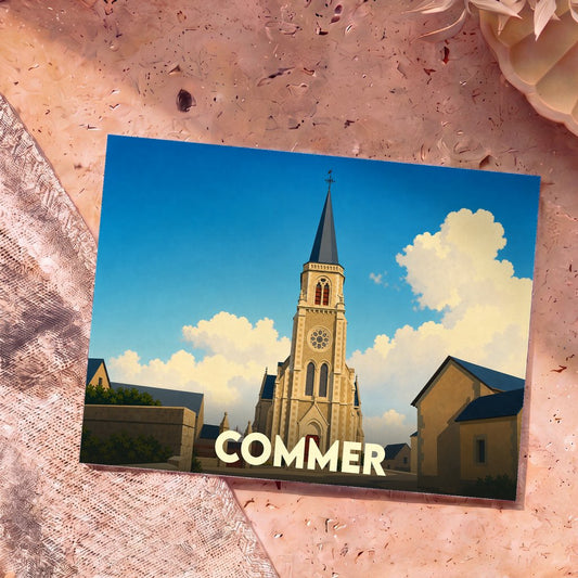 Carte postale souvenir de la ville de Commer avec une illustration stylisée de son église sous un ciel azur.