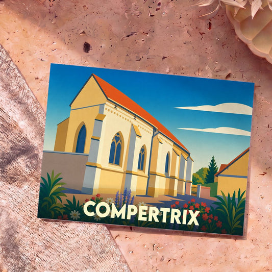 Carte postale souvenir de la ville de Compertrix avec une illustration stylisée de son église.