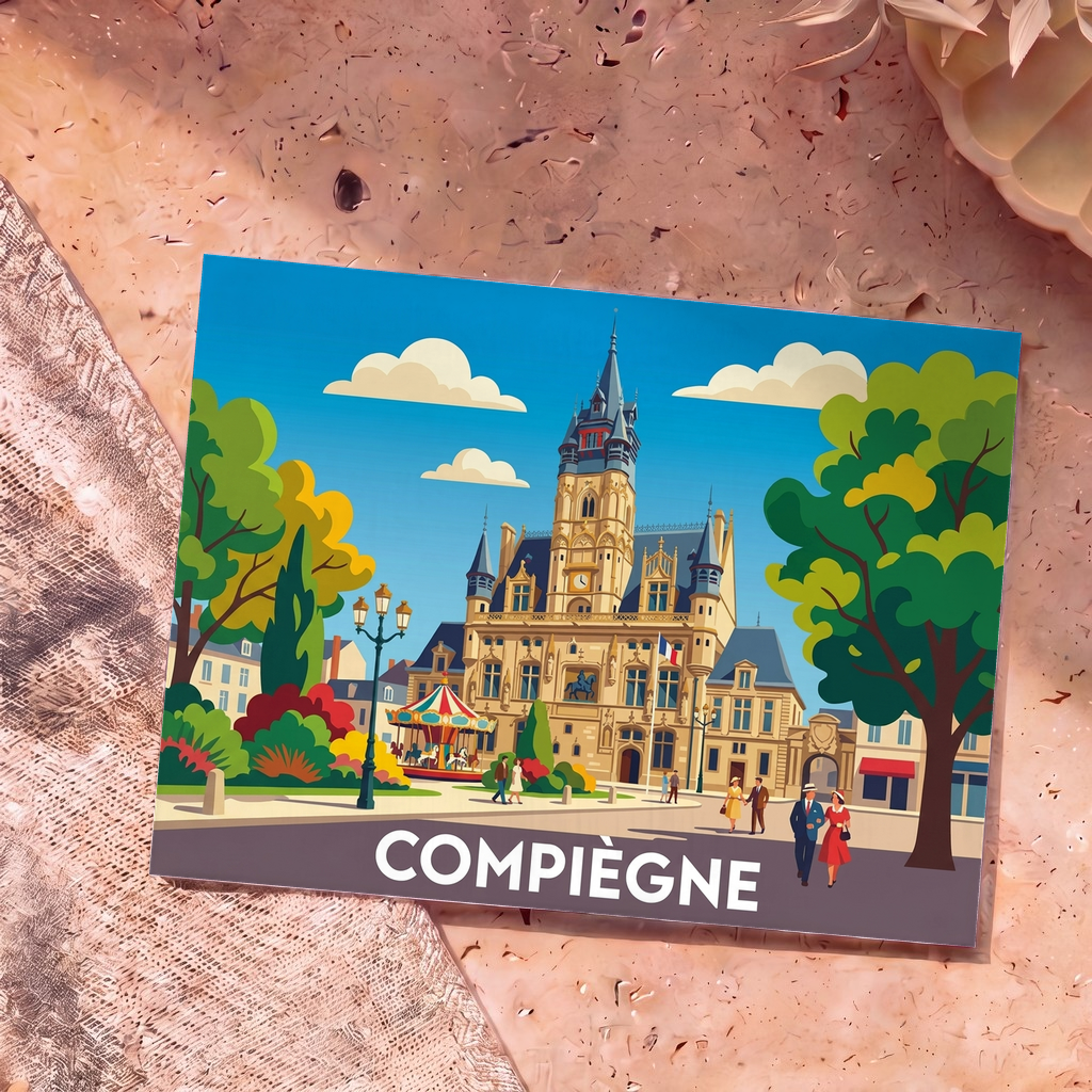 Carte postale souvenir de la ville de Compiègne avec une illustration stylisée de son hôtel de ville.