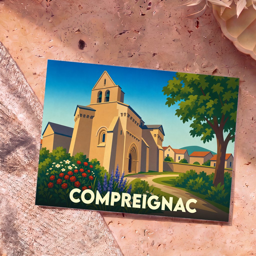 Carte postale souvenir de la ville de Compreignac avec une illustration stylisée de son église fortifiée.