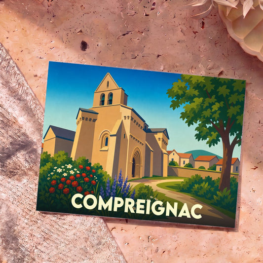 Carte postale souvenir de la ville de Compreignac avec une illustration stylisée de son église fortifiée.
