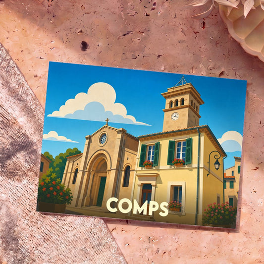 Carte postale souvenir de la ville de Comps avec une illustration stylisée de son église et de son clocher.